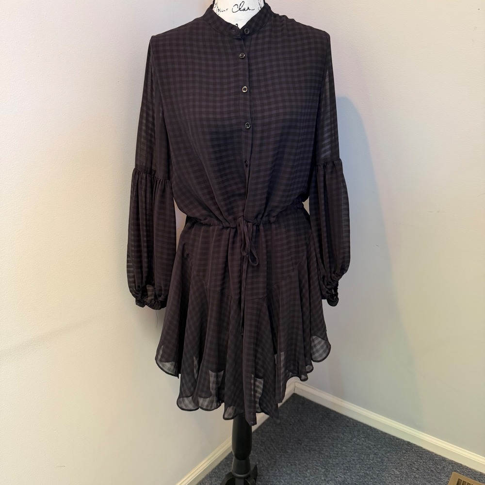 Olivaceous Gingham Button Front Dress Dark Purple Black Bishop Sleeve Medium - Picture 2 of 9